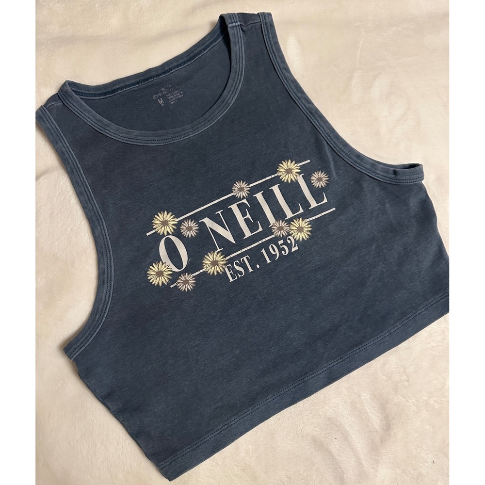 O'Neill Womens Cropped Blue Graphic Logo‎ Tank Top Daisy Floral Size M Boho